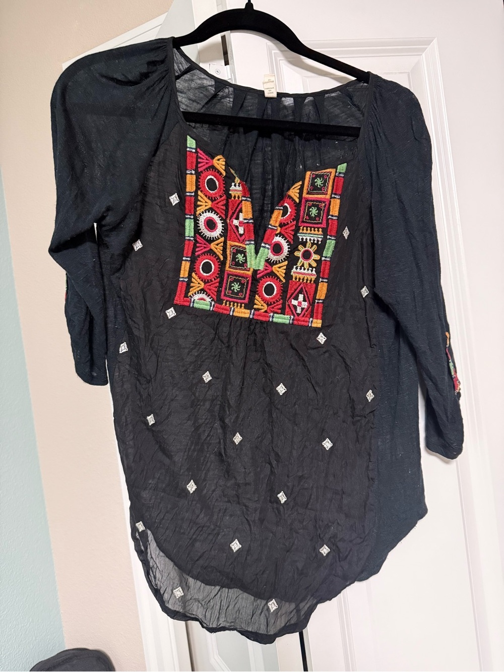 Black Embroidered Boho Peasant Top